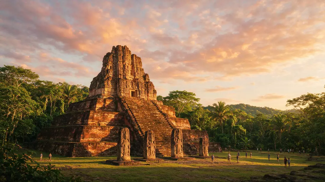 Fotorealistische Ansicht von Ruinen von Copan in Copan Ruinas, Honduras im Abendlicht