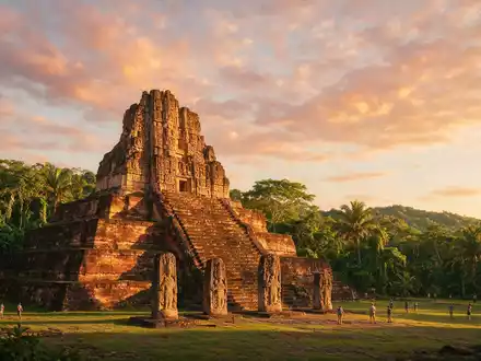 Fotorealistische Panoramaaufnahme von Ruinen von Copan in Copan Ruinas Honduras, warmes Abendlicht auf Wahrzeichen - Foto: THN