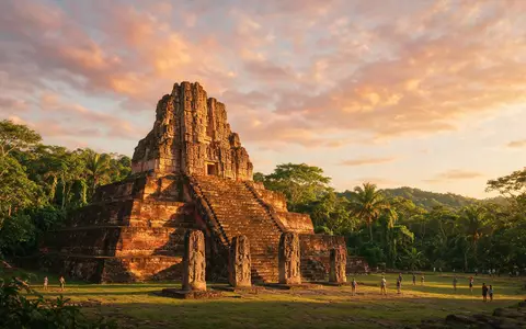 Fotorealistische Panoramaaufnahme von Ruinen von Copan in Copan Ruinas Honduras, warmes Abendlicht auf Wahrzeichen - Foto: THN