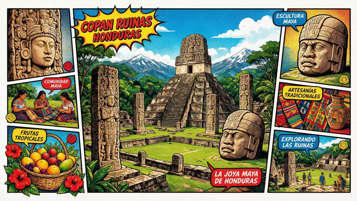 Pop-Art-Comic von Ruinen von Copan in Copan Ruinas, Honduras mit Rasterpunkten