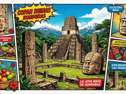 Pop-Art-Comicillustration des Wahrzeichens Ruinen von Copan in Copan Ruinas Honduras, kraeftige Konturen Rasterpunkte und satte - Foto: THN