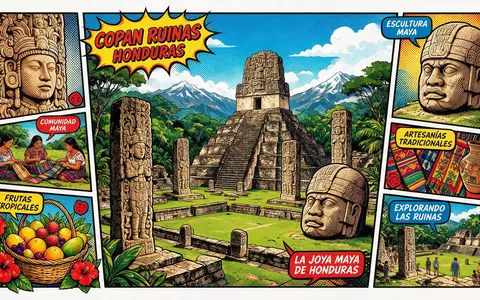 Pop-Art-Comicillustration des Wahrzeichens Ruinen von Copan in Copan Ruinas Honduras, kraeftige Konturen Rasterpunkte und satte - Foto: THN