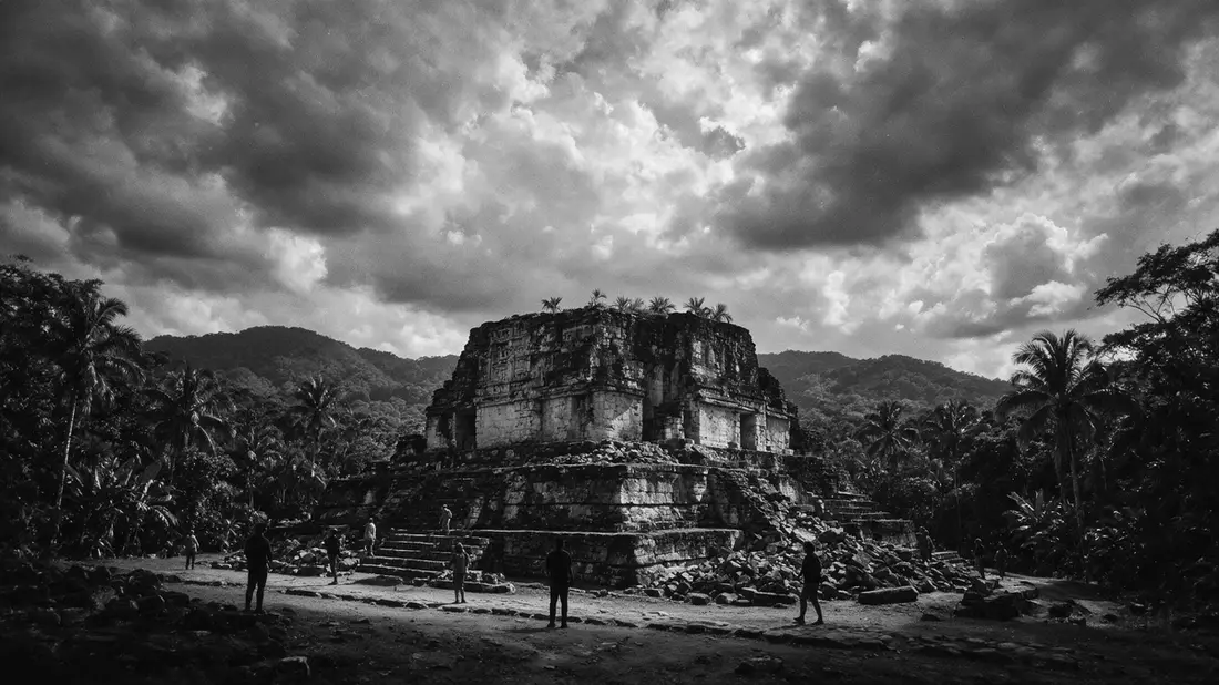 Schwarzweiss-Reportage vom Wahrzeichen Ruinen von Copan in Copan Ruinas, Honduras