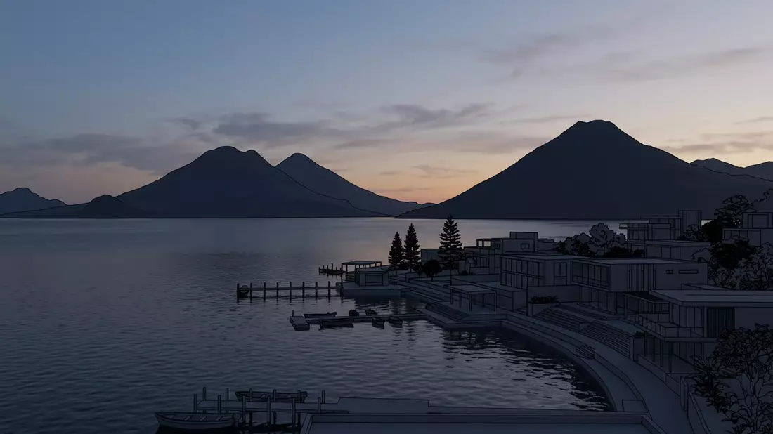 Architektur-Render von Atitlan-See in Panajachel, Guatemala bei Tageslicht