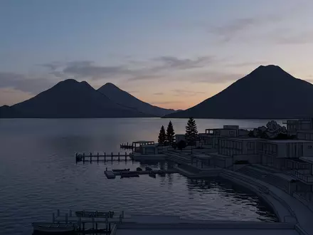 Moderner Architektur-Render zeigt Silhouette von Atitlan-See in Panajachel Guatemala, klare Linien und neutrales Tageslicht - Foto: THN