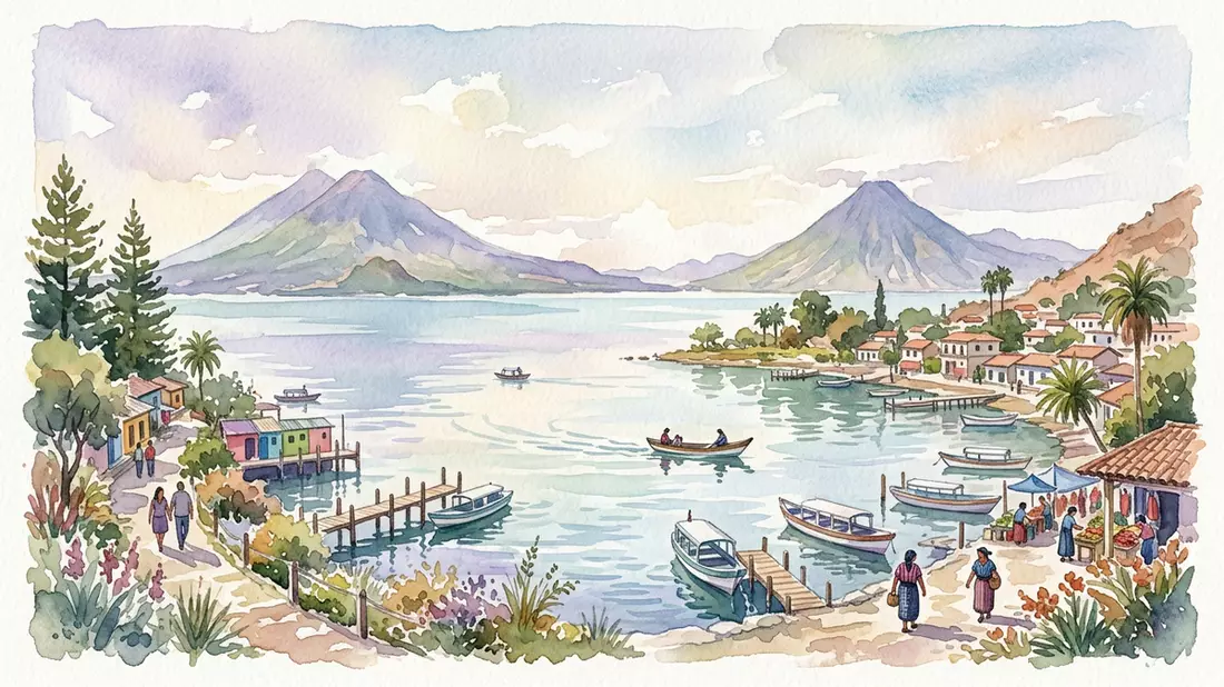 Aquarell-Illustration von Atitlan-See in Panajachel, Guatemala als Reiseposter