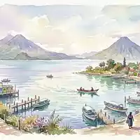 Aquarellillustration des Wahrzeichens Atitlan-See in Panajachel Guatemala, weiche Farbverläufe und pastelliges Reiseposter-Feeling - Foto: THN