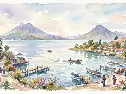 Aquarellillustration des Wahrzeichens Atitlan-See in Panajachel Guatemala, weiche Farbverläufe und pastelliges Reiseposter-Feeling - Foto: THN