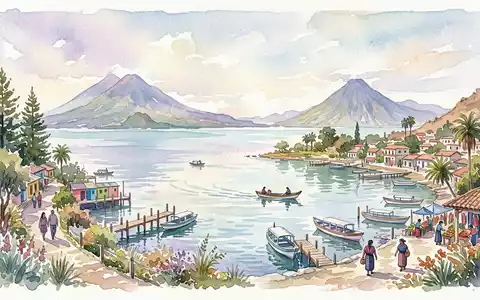 Aquarellillustration des Wahrzeichens Atitlan-See in Panajachel Guatemala, weiche Farbverläufe und pastelliges Reiseposter-Feeling - Foto: THN