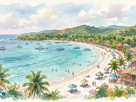 Aquarellillustration des Wahrzeichens West Bay Roatan in Roatan Honduras, weiche Farbverläufe und pastelliges Reiseposter-Feeling - Foto: THN
