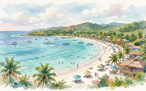 Aquarellillustration des Wahrzeichens West Bay Roatan in Roatan Honduras, weiche Farbverläufe und pastelliges Reiseposter-Feeling - Foto: THN