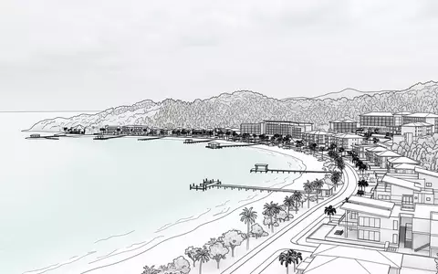 Moderner Architektur-Render zeigt Silhouette von West Bay Roatan in Roatan Honduras, klare Linien und neutrales - Foto: THN