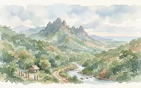 Aquarellillustration des Wahrzeichens Pico Bonito Nationalpark in La Ceiba Honduras, weiche Farbverläufe und pastelliges Reiseposter-Feeling - Foto: THN