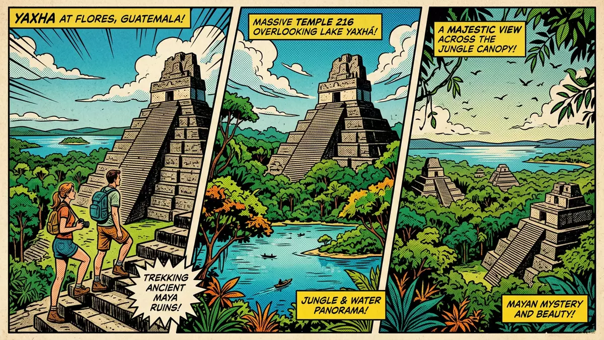 Pop-Art-Comic von Yaxha in Flores, Guatemala mit Rasterpunkten