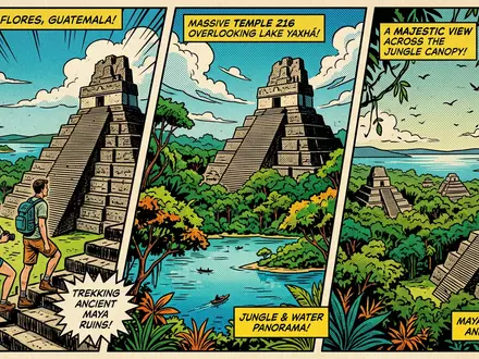 Pop-Art-Comicillustration des Wahrzeichens Yaxha in Flores Guatemala, kraeftige Konturen Rasterpunkte und satte Farben - Foto: THN