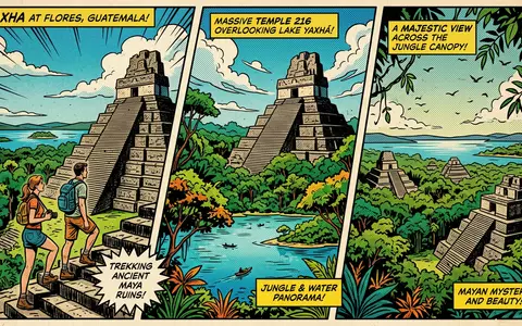Pop-Art-Comicillustration des Wahrzeichens Yaxha in Flores Guatemala, kraeftige Konturen Rasterpunkte und satte Farben - Foto: THN