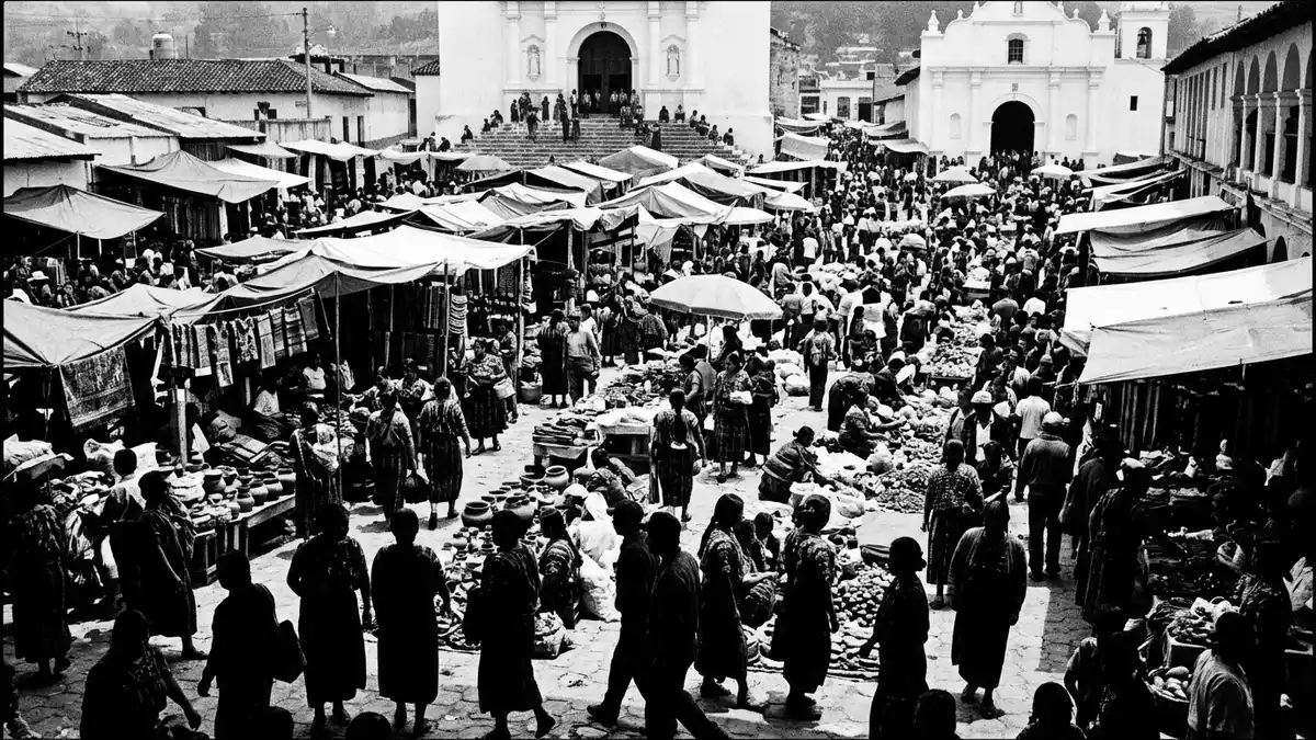 Schwarzweiss-Reportage vom Wahrzeichen Chichicastenango-Markt in Chichicastenango, Guatemala