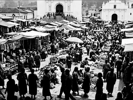 Schwarzweiss-Reportagebild vom Wahrzeichen Chichicastenango-Markt in Chichicastenango Guatemala, dokumentarische Reisefotografie mit starken Kontrasten - Foto: THN