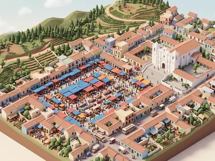 Isometrisches Diorama von Chichicastenango-Markt und Umgebung in Chichicastenango Guatemala, verspielte Low-Poly-Kulisse in Pastellfarben - Foto: THN