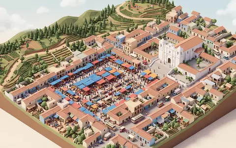 Isometrisches Diorama von Chichicastenango-Markt und Umgebung in Chichicastenango Guatemala, verspielte Low-Poly-Kulisse in Pastellfarben - Foto: THN