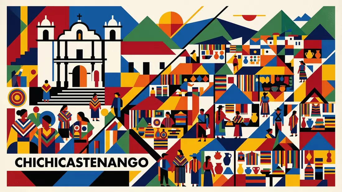 Bauhaus-Poster als Abstraktion von Chichicastenango-Markt in Chichicastenango, Guatemala