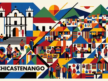 Bauhaus-Poster als geometrische Abstraktion von Chichicastenango-Markt in Chichicastenango Guatemala, kraeftige Grundfarben und harte Formkanten - Foto: THN