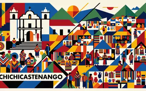 Bauhaus-Poster als geometrische Abstraktion von Chichicastenango-Markt in Chichicastenango Guatemala, kraeftige Grundfarben und harte Formkanten - Foto: THN