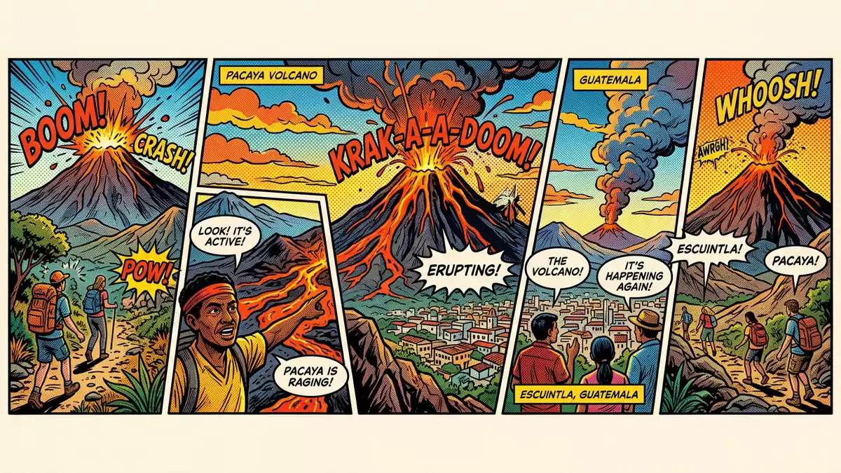 Pop-Art-Comic von Pacaya-Vulkan in Escuintla, Guatemala mit Rasterpunkten
