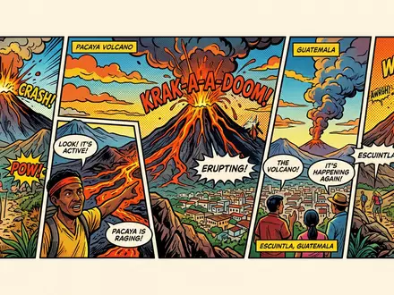 Pop-Art-Comicillustration des Wahrzeichens Pacaya-Vulkan in Escuintla Guatemala, kraeftige Konturen Rasterpunkte und satte Farben - Foto: THN