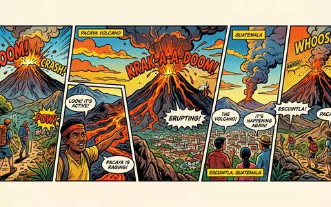 Pop-Art-Comicillustration des Wahrzeichens Pacaya-Vulkan in Escuintla Guatemala, kraeftige Konturen Rasterpunkte und satte Farben - Foto: THN