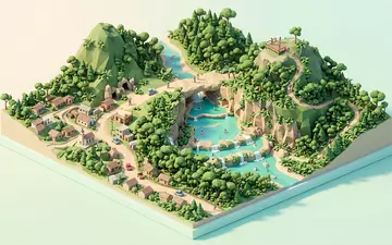 Isometrisches Diorama von Semuc Champey und Umgebung in Lanquin Guatemala, verspielte Low-Poly-Kulisse in Pastellfarben - Foto: THN