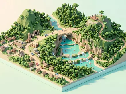 Isometrisches Diorama von Semuc Champey und Umgebung in Lanquin Guatemala, verspielte Low-Poly-Kulisse in Pastellfarben - Foto: THN