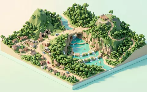 Isometrisches Diorama von Semuc Champey und Umgebung in Lanquin Guatemala, verspielte Low-Poly-Kulisse in Pastellfarben - Foto: THN