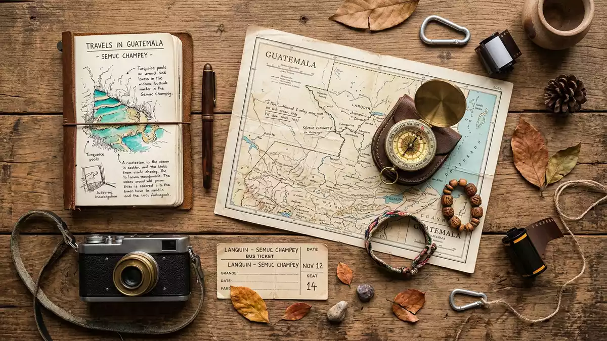 Flatlay-Reise-Arrangement rund um Semuc Champey in Lanquin, Guatemala