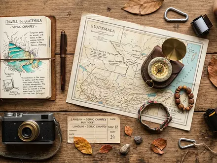 Flatlay-Reise-Arrangement rund um Semuc Champey in Lanquin Guatemala, Karte Kompass Kamera und generische Reiserequisiten - Foto: THN