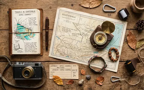 Flatlay-Reise-Arrangement rund um Semuc Champey in Lanquin Guatemala, Karte Kompass Kamera und generische Reiserequisiten - Foto: THN