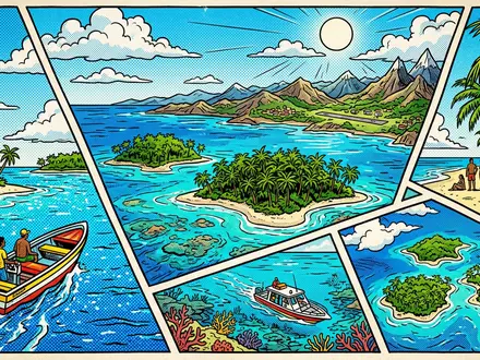 Pop-Art-Comicillustration des Wahrzeichens Cayos Cochinos in La Ceiba Honduras, kraeftige Konturen Rasterpunkte und satte Farben - Foto: THN