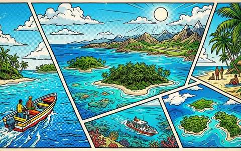 Pop-Art-Comicillustration des Wahrzeichens Cayos Cochinos in La Ceiba Honduras, kraeftige Konturen Rasterpunkte und satte Farben - Foto: THN