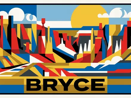 Bauhaus-Poster als geometrische Abstraktion von Bryce-Canyon-Nationalpark in Bryce USA, kraeftige Grundfarben und harte Formkanten - Foto: THN