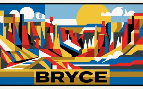 Bauhaus-Poster als geometrische Abstraktion von Bryce-Canyon-Nationalpark in Bryce USA, kraeftige Grundfarben und harte Formkanten - Foto: THN