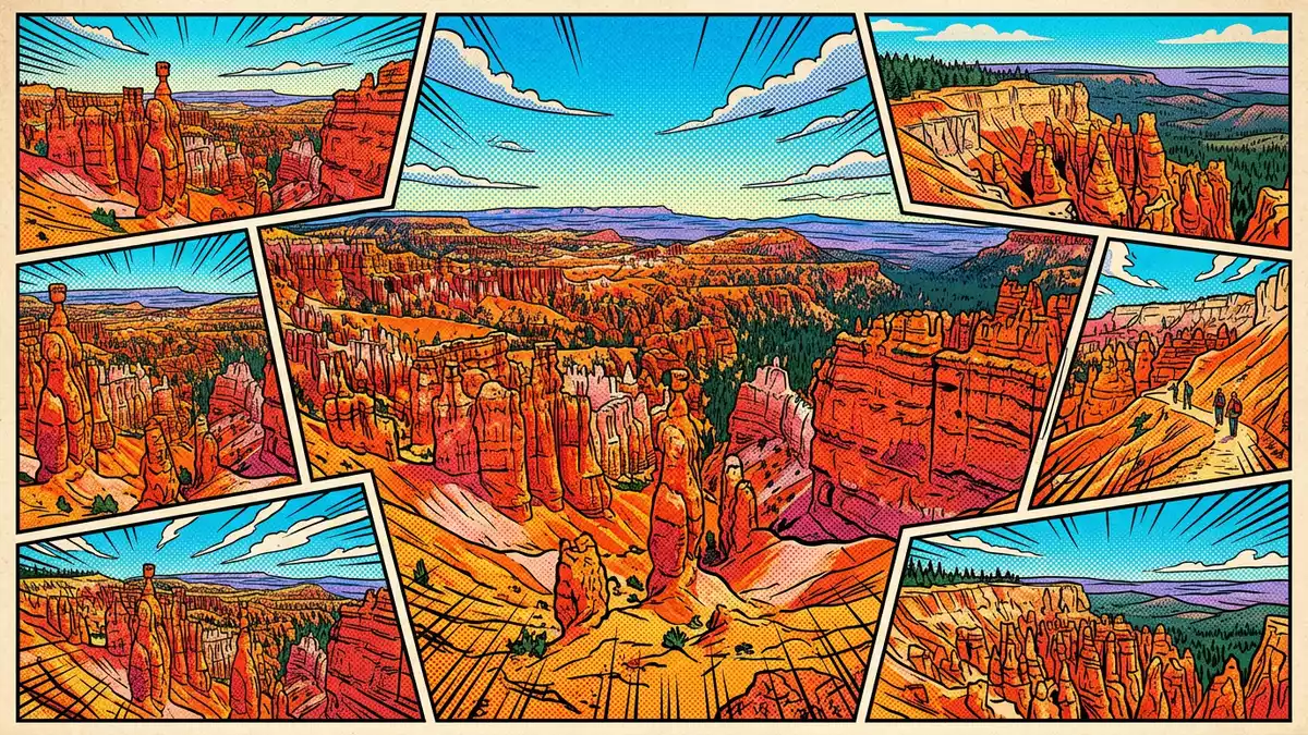 Pop-Art-Comic von Bryce-Canyon-Nationalpark in Bryce, USA mit Rasterpunkten