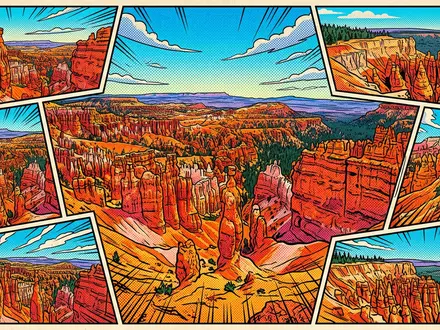 Pop-Art-Comicillustration des Wahrzeichens Bryce-Canyon-Nationalpark in Bryce USA, kraeftige Konturen Rasterpunkte und satte Farben - Foto: THN