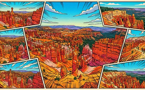 Pop-Art-Comicillustration des Wahrzeichens Bryce-Canyon-Nationalpark in Bryce USA, kraeftige Konturen Rasterpunkte und satte Farben - Foto: THN