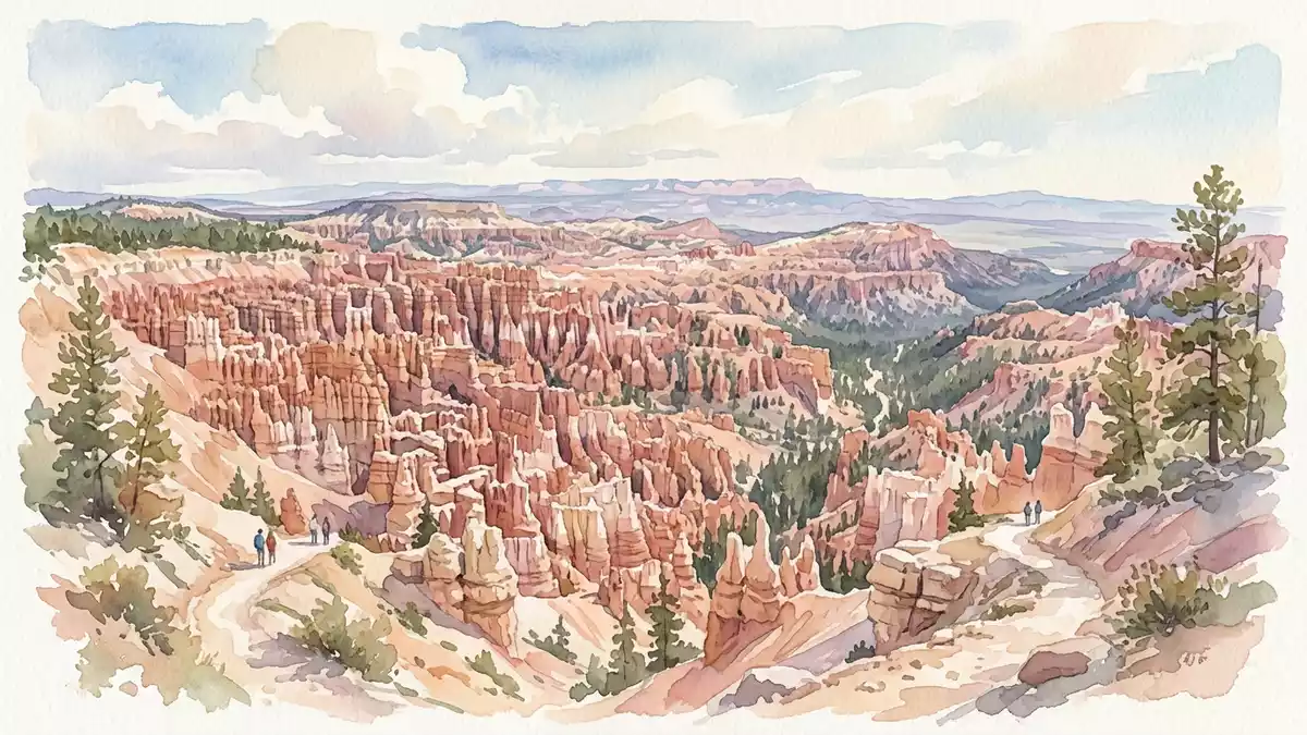 Aquarell-Illustration von Bryce-Canyon-Nationalpark in Bryce, USA als Reiseposter