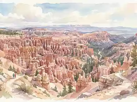 Aquarellillustration des Wahrzeichens Bryce-Canyon-Nationalpark in Bryce USA, weiche Farbverläufe und pastelliges Reiseposter-Feeling - Foto: THN