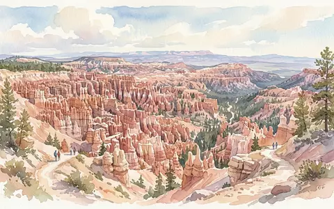 Aquarellillustration des Wahrzeichens Bryce-Canyon-Nationalpark in Bryce USA, weiche Farbverläufe und pastelliges Reiseposter-Feeling - Foto: THN