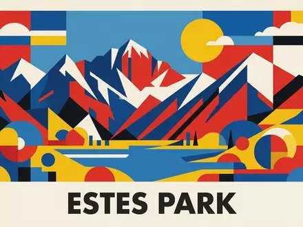 Bauhaus-Poster als geometrische Abstraktion von Rocky-Mountain-Nationalpark in Estes Park USA, kraeftige Grundfarben und harte Formkanten - Foto: THN
