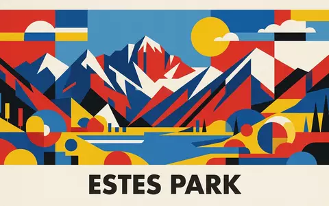 Bauhaus-Poster als geometrische Abstraktion von Rocky-Mountain-Nationalpark in Estes Park USA, kraeftige Grundfarben und harte Formkanten - Foto: THN