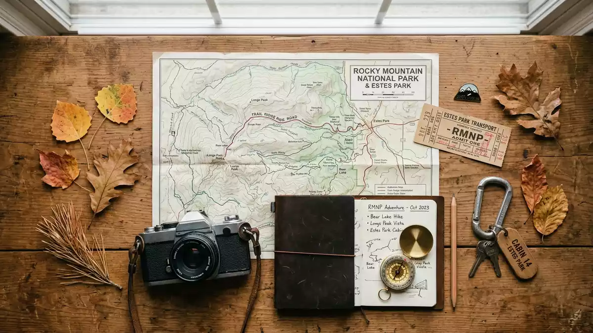 Flatlay-Reise-Arrangement rund um Rocky-Mountain-Nationalpark in Estes Park, USA