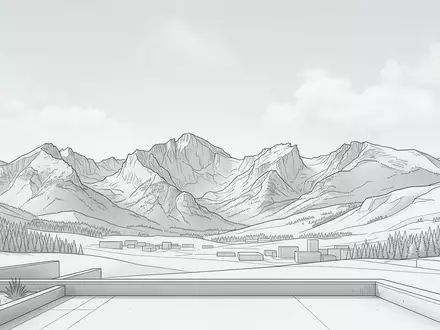 Moderner Architektur-Render zeigt Silhouette von Rocky-Mountain-Nationalpark in Estes Park USA, klare Linien und neutrales Tageslicht - Foto: THN